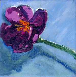 Purple flower with red stamens on a laying on a blue surface.