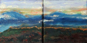Double canvas panel view of a mountain range at sunset.