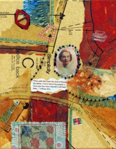 Collage of sewing patterns and a woman’s portrait with predominantly yellow gold background.