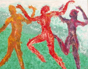 Colored silhouettes of three women dancing.