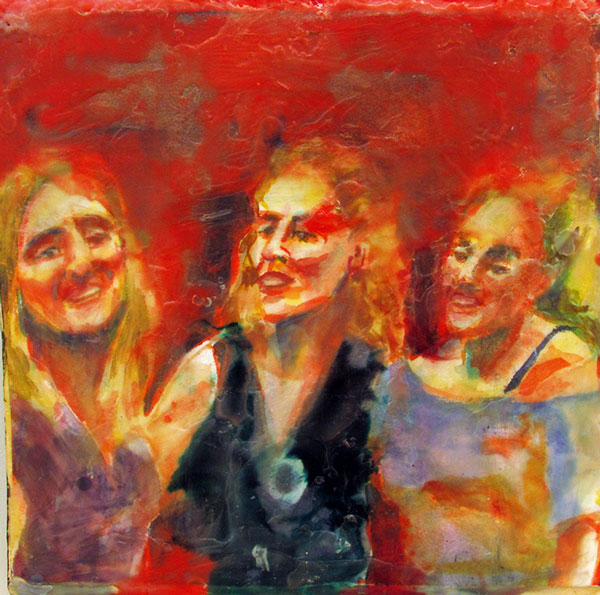 Merit award winning artwork of Three smiling women against a red background.