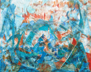 Abstract with angular turquoise and orange shapes.