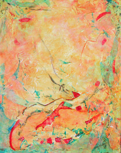 Abstract with angular yellow, gold, mint green, and orange shapes.