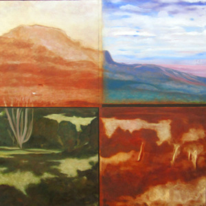 A mountainside rendered in four sections of different colors.