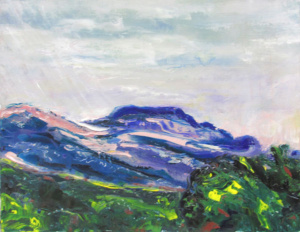 A distant purple mountainside with a green hillside in the foreground.