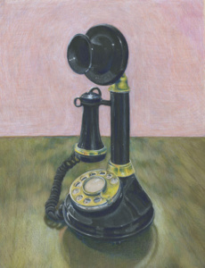 Black rotary candle stick-style telephone with a brass rotary dial.