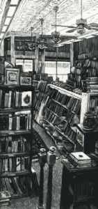 A section of an antiquarian bookstore with tin ceilings, rotary fans, and several full bookcases.
