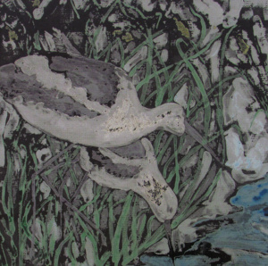 Two birds drinking from a stream.
