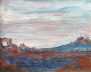 Western landscape of mesas in the distance rendered in reds and blues.