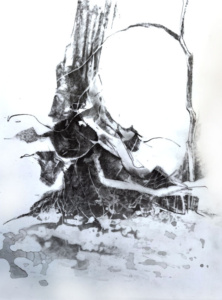 A barren tree tree rendered in gray and black.