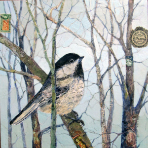 Collage of a black and white bird perched on a tree limb with stamp and labels added.