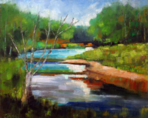 A flowing creek at along a bend with trees.