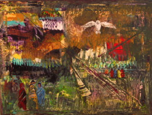 Abstracted collage with a flying bird above a group of people.