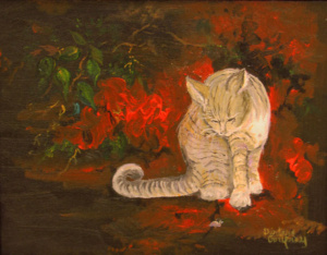 An orange tabby cat looking at a traveling snail.