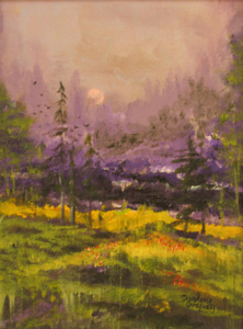 A grassy clearing amount pine trees under the moonlight.