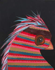 Multi-colored collage of a bird with spikes comb plumage.