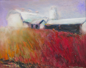 A white farmhouse and silo atop a red hill.