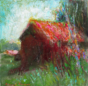 An old abandoned red barn in a field.
