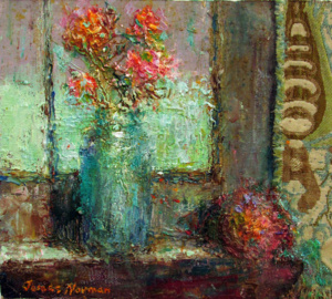 Still life with a vase of roses and a ball of red and orange yarn.