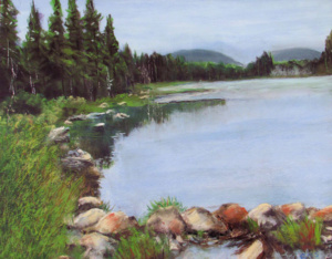 A grassy field with rocks along a still lake.
