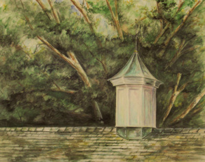A cupola atop a foor under old trees.