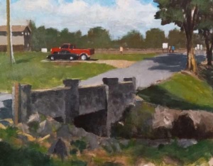 Acrylic painting by J Bowers of a concrete brdge with a red truck in the background.
