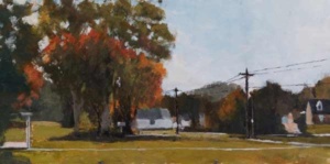 Acrylic painting by J Bowers of a white house under tress turning red for fall.