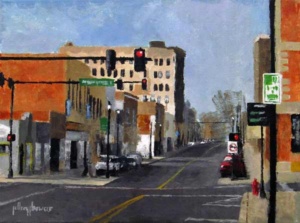 Acrylic painting by J Bowers of a street scene while waiting at a red light on Gastonia's Main Street.