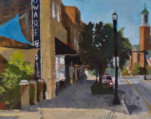 Acrylic painting by J Bowers of a street scene focusing on the sign for a hardware store.