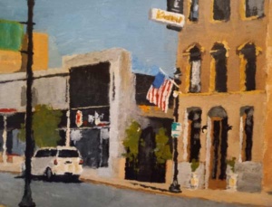 Acrylic painting by J Bowers of street scene focused on an old hotel with an flying American flag.