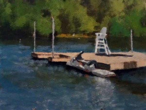 Acrylic painting by J Bowers of empty motor skiis at rest at a pier.