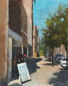 Acrylic painting by J Bowers of a shadowy street scene on a sunny day on Gastonia's Main Street.
