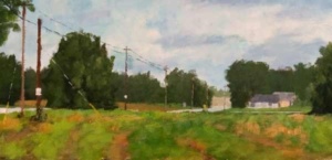 Acrylic painting by J Bowers of a lone white house and green yard back from a country road under a slightly overcast sky.