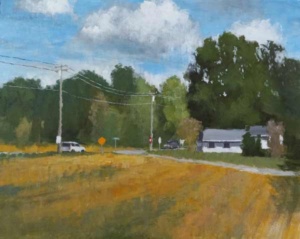 Acrylic painting by J Bowers of a treed country scene with crossroads near a lone house and car.
