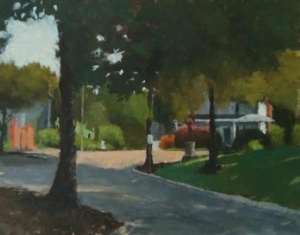 Acrylic painting by J Bowers of a shady suburban street.