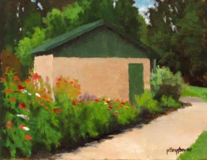 Acrylic painting by J Bowers of a dirt path near a park building against a treed background.