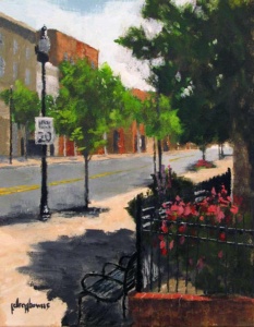 Acrylic painting by J Bowers of a shadowy street scene with a gated flower garden on Gastonia's Main Street .
