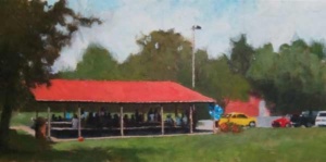 Acrylic painting by J Bowers of a picnic under a red roofed park structure.