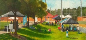 Acrylic painting by J Bowers of a park festival with spectators at the tents.