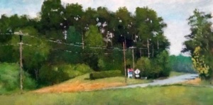 Acrylic painting by J Bowers of a country road curving among a treed-lined trajectory.