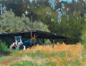 Acrylic painting by J Bowers of a blue tractor under an open-sided shed during summer.