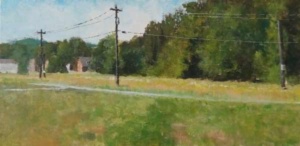 Acrylic painting by J Bowers of a foot path along a row of telephone poles and a trees.