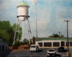 Acrylic painting by J Bowers of a green topped water tower looming over a white strip mall.