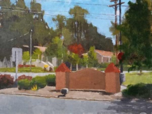 Acrylic painting by J Bowers of a concrete entrance sign for a public park on a sunny day.