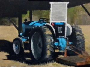 Acrylic painting by J Bowers of a blue tractor under an enclosure.