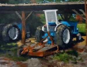 Acrylic painting by J Bowers of a blue tractor with back attachment under an enclosure.