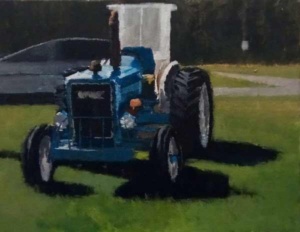 Acrylic painting by J Bowers of an old blue tractor.