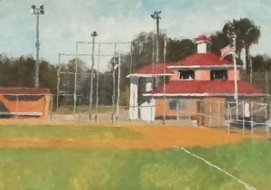 Acrylic painting by J Bowers of an emplty small town ball field.