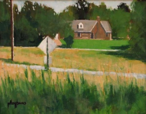 Acrylic painting by J Bowers of a small brick house viewed across 2 country roads and 3 yards.