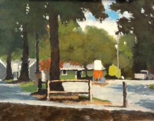 Acrylic sketch by J Bowers of the park from under shady trees.